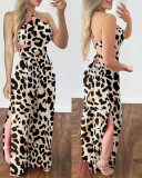 Halter Backless Printed Slit Wide Leg Jumpsuit
