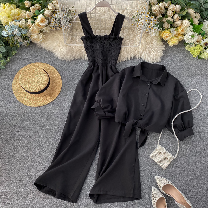 Women Holidays Stand Collar Short Sleeve Shirt and Suspender pleated wide-leg jumpsuit two-piece set