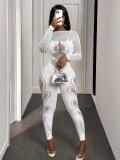 Women Solid Round Neck long-sleeved hollow sexy Jumpsuit