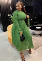 Women Spring Long Sleeve Pleated Maxi Dress