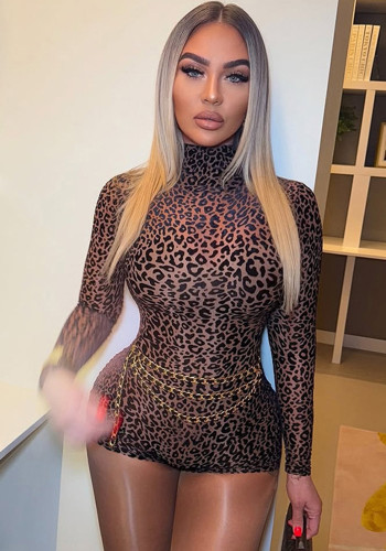 Women summer sexy half-high collar leopard print Jumpsuit