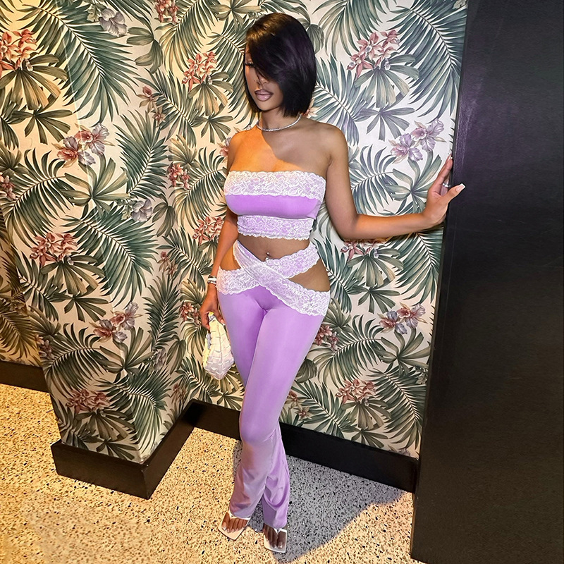 Women sexy lace Strapless Top cross hollow trousers two-piece suit