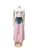 Women Patchwork Plaid Print T-shirt Casual Wide Leg Pants Two-piece Set