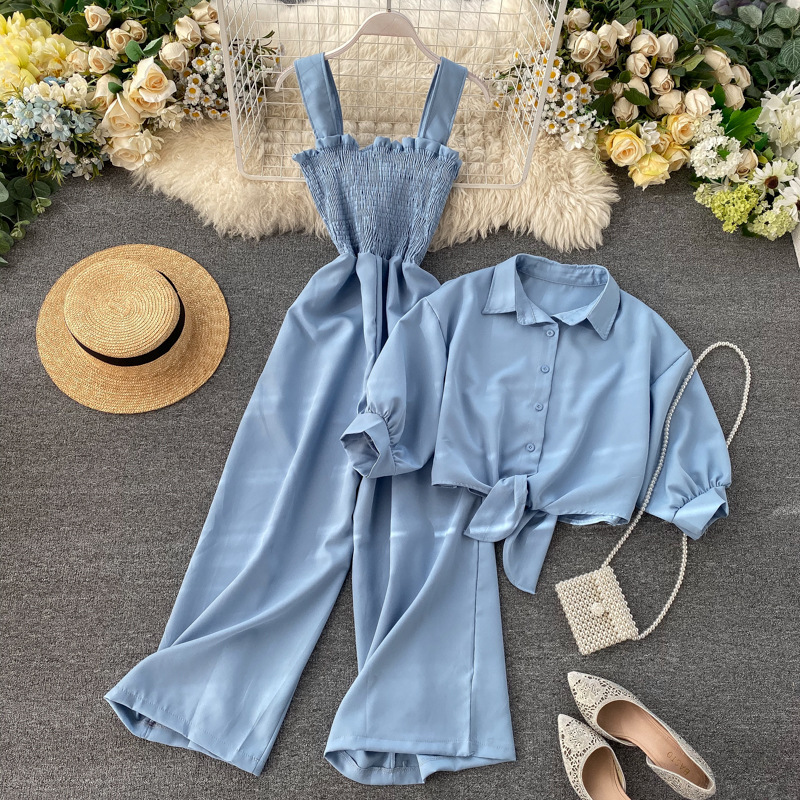 Women Holidays Stand Collar Short Sleeve Shirt and Suspender pleated wide-leg jumpsuit two-piece set