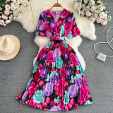 V-Neck Slim Waist Floral Maxi Dress