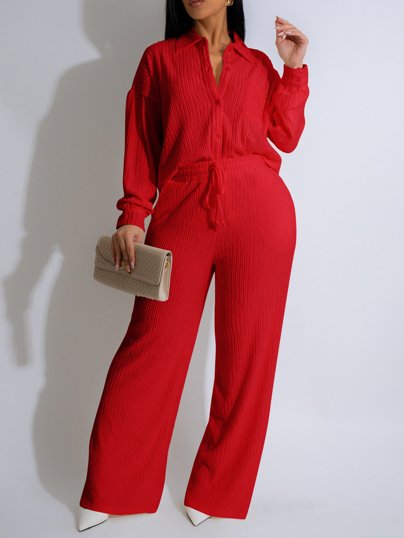 Women Casual Long Sleeve Pleated Shirt and Pants Two-piece Set