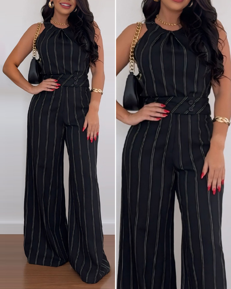 Women Striped Sleeveless Top + Pants Two-Piece Set