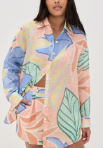 Women Casual Printed Long Sleeve Shirt and Shorts Two-piece Set