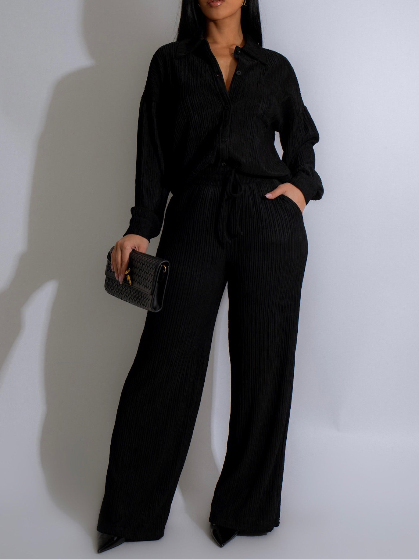 Women Casual Long Sleeve Pleated Shirt and Pants Two-piece Set