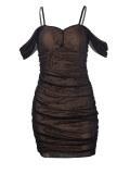 Mesh Off Shoulder Strap Slim Waist Bodycon Dress
