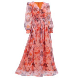 Women long-sleeved V-neck pleated Formal Party mesh dress