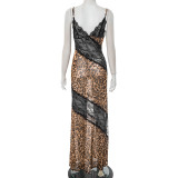 Women Leopard Print Patchwork LaceV Neck Strap Fishtail Maxi Dress