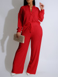 Women Casual Long Sleeve Pleated Shirt and Pants Two-piece Set