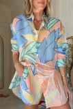 Women Casual Printed Long Sleeve Shirt and Shorts Two-piece Set