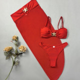 Sexy Straps Starfish Decorative Mesh Skirt Three-Piece Bikini Women Swimsuit