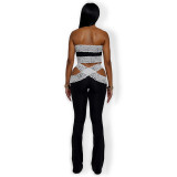 Women sexy lace Strapless Top cross hollow trousers two-piece suit