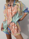 Women Casual Printed Long Sleeve Shirt and Shorts Two-piece Set