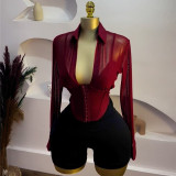 Summer Chic Turn-Down Collar Slim Waist Mesh Patchwork Long-Sleeve Shirt