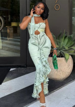 Women printed elegant ruffled Bodycon suspender sleeveless dress Women printed elegant ruffled Bodycon suspender sleeveless dress