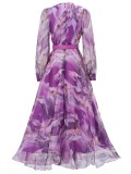 Women long-sleeved V-neck pleated Formal Party mesh dress