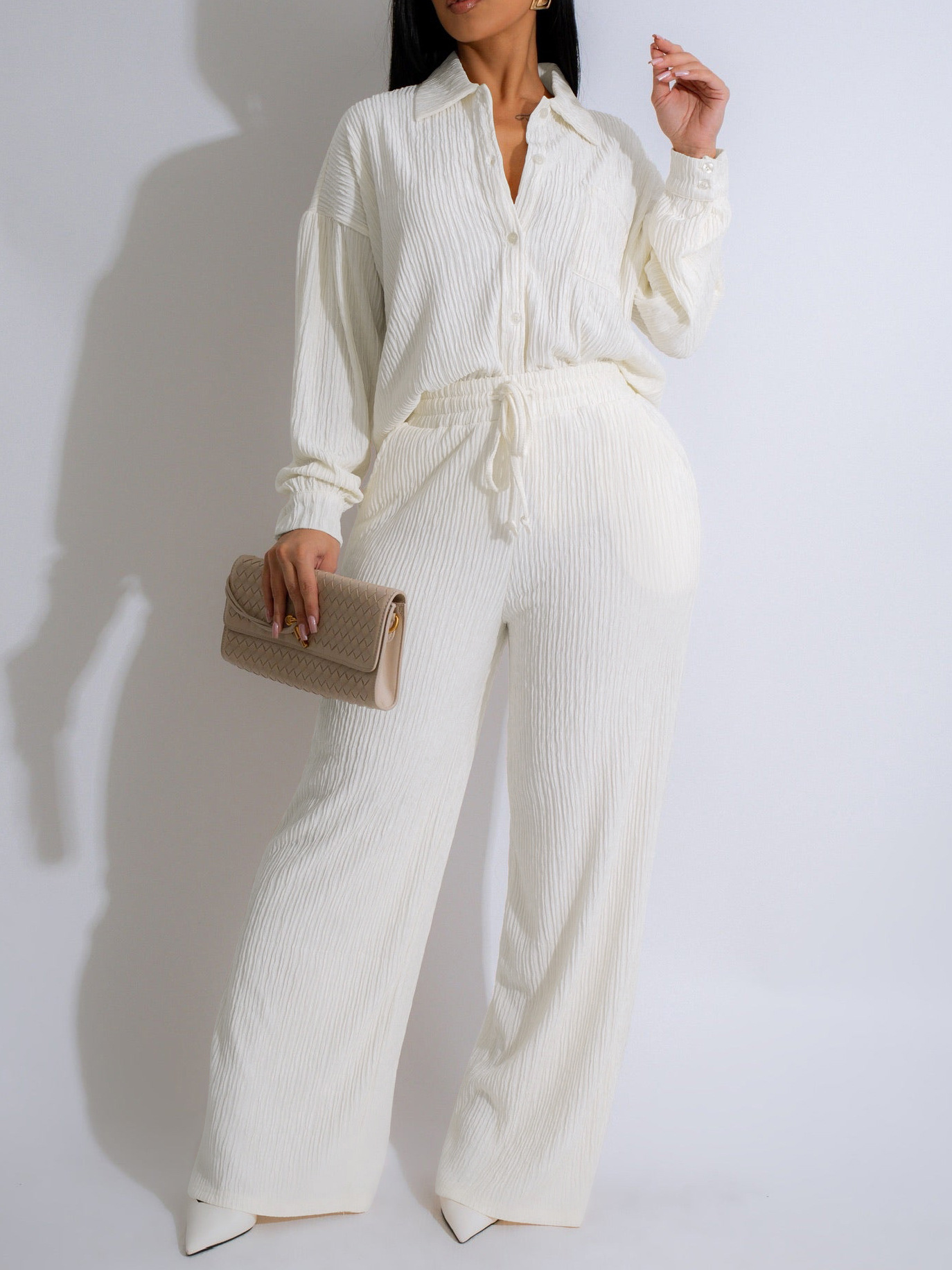 Women Casual Long Sleeve Pleated Shirt and Pants Two-piece Set