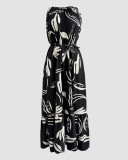 Women Sleeveless Leaf Black and White Print Maxi Dress--No Belt