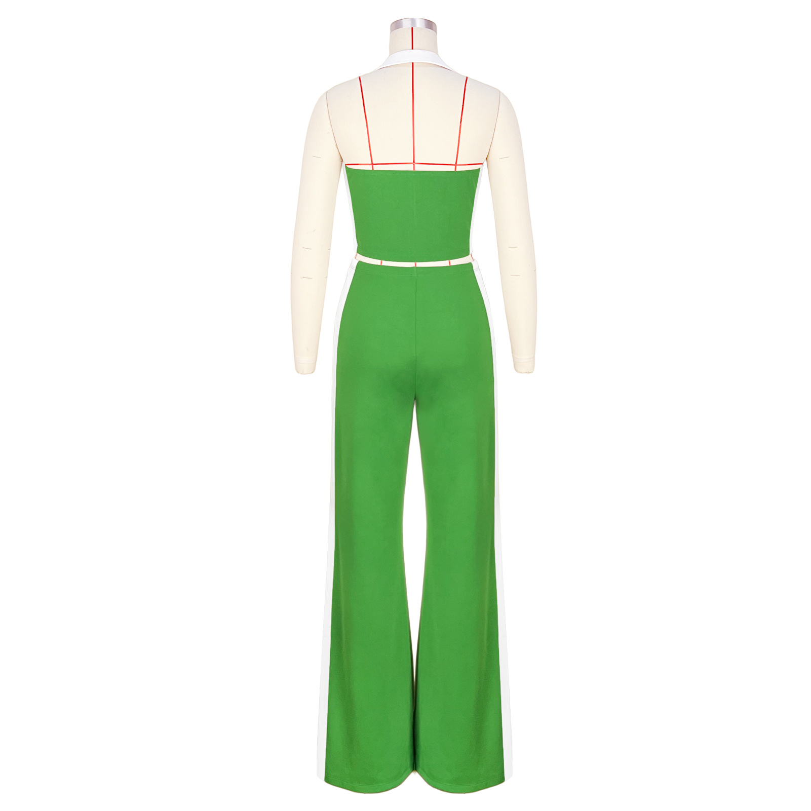 Patchwork Contrast Color V-Neck Zipper Slit Two-Piece Pants Set