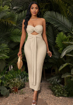 Women solid strapless lace dress