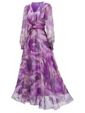 Women long-sleeved V-neck pleated Formal Party mesh dress