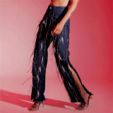 Women buttoned tassel straight side slit Denim trousers
