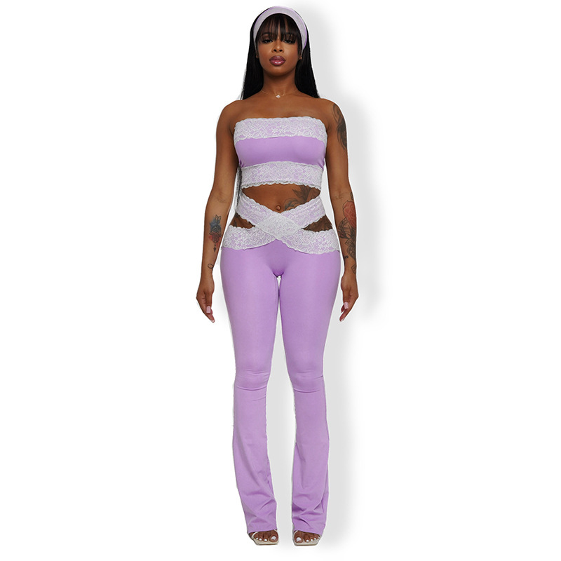 Women sexy lace Strapless Top cross hollow trousers two-piece suit