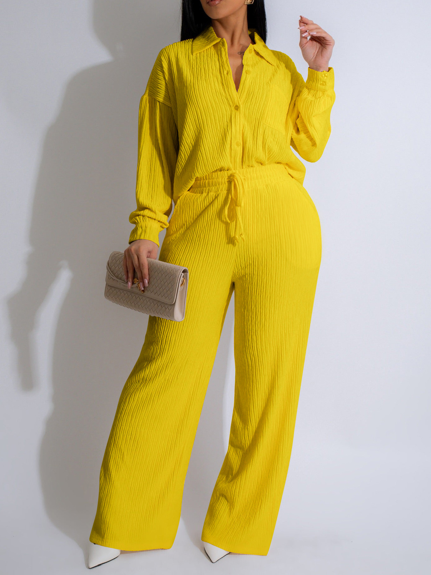 Women Casual Long Sleeve Pleated Shirt and Pants Two-piece Set