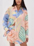 Women Casual Printed Long Sleeve Shirt and Shorts Two-piece Set