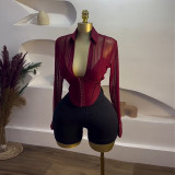 Summer Chic Turn-Down Collar Slim Waist Mesh Patchwork Long-Sleeve Shirt