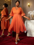 Plus Size Lace Cut-Out Puff Sleeve V-Neck Slim Fit A-Line Pleated Party Dress
