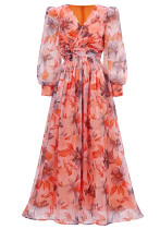 Women long-sleeved V-neck pleated Formal Party mesh dress