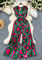 Women Holidays Sleeveless V-neck Lace-Up Printed Wide Leg Pleated Jumpsuit
