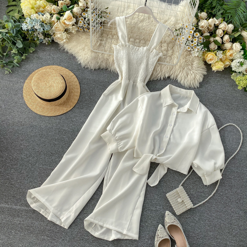 Women Holidays Stand Collar Short Sleeve Shirt and Suspender pleated wide-leg jumpsuit two-piece set