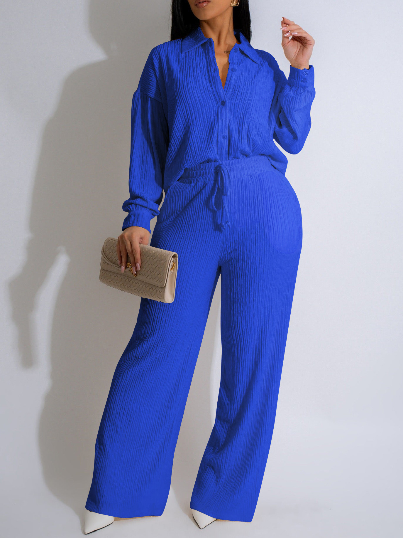 Women Casual Long Sleeve Pleated Shirt and Pants Two-piece Set