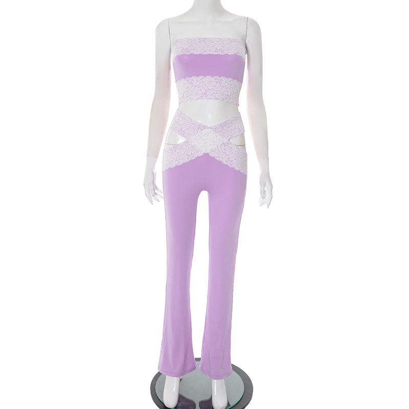 Women sexy lace Strapless Top cross hollow trousers two-piece suit