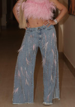 Women buttoned tassel straight side slit Denim trousers