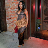 Women Leopard Print Patchwork LaceV Neck Strap Fishtail Maxi Dress