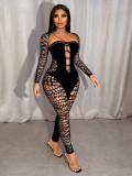 Women spring Solid shawl long-sleeved Women hollow sexy Jumpsuit