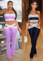 Women sexy lace Strapless Top cross hollow trousers two-piece suit