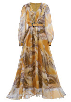 Women long-sleeved V-neck pleated Formal Party mesh dress