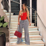 Women buttoned tassel straight side slit Denim trousers
