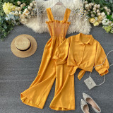 Women Holidays Stand Collar Short Sleeve Shirt and Suspender pleated wide-leg jumpsuit two-piece set