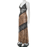 Women Leopard Print Patchwork LaceV Neck Strap Fishtail Maxi Dress