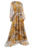 Women long-sleeved V-neck pleated Formal Party mesh dress