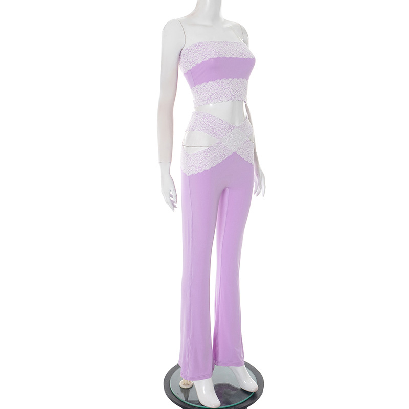 Women sexy lace Strapless Top cross hollow trousers two-piece suit